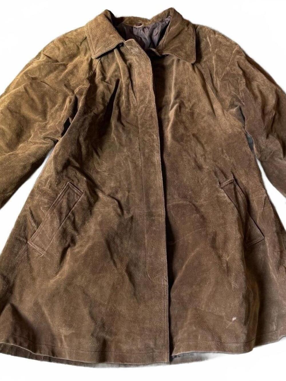 Vintage Brown Suede Button Front Coat Patch Pockets Satin Lining Fits XL